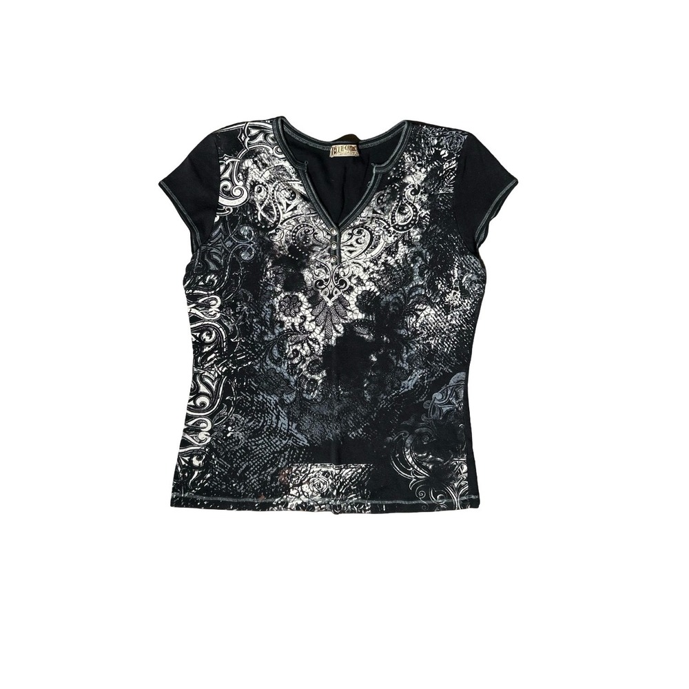 Blue Canyon Clothing Womens Large Black White Paisley Graphic Split Neck Top USA
